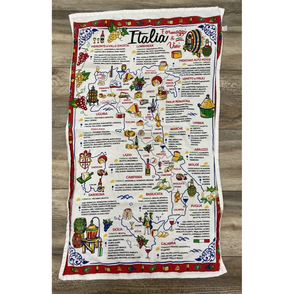 Vintage Italian Vini D’italia Map 100% Cotton Tea Towel Bread Wrap Wine Cheese